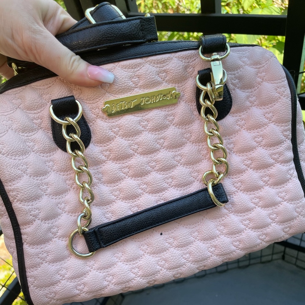 Betsey Johnson Pink Quilted Satchel Bag with Gold Chain Accents
